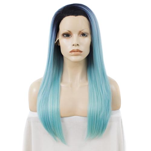 Premium Wig - Rooted Baby Blue Long Side Sweep Straight Lace Front Wig-Lace Front Wig-UNIQSO